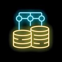 Neon icon of data warehousing representing data integration and storage vector