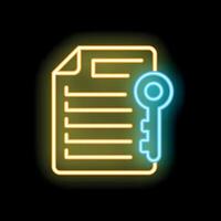 Neon key unlocking document padlock symbolising privacy and security vector