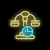 Neon icon of scales weighing pie chart representing data analysis vector
