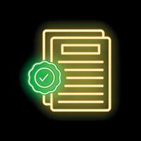 Glowing neon icon of a document with a green approved stamp vector