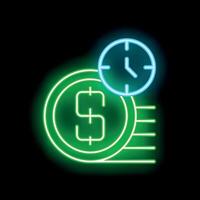 Neon sign depicting fast money transfer with dollar coin and clock vector