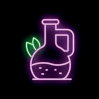 Neon sign depicting bottle filled with liquid and leaves on the side vector