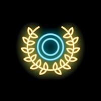 Neon sign representing laurel wreath with blank badge on black background vector