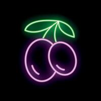 Glowing neon sign depicting two plums with leaves on black background vector