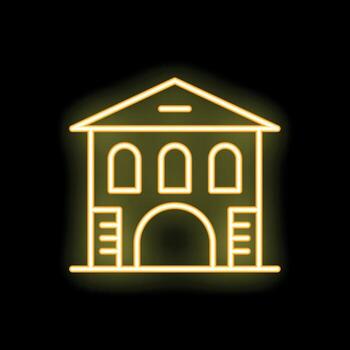 Glowing neon line building with large entryway on black background vector