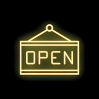 Yellow neon sign showing open on black background vector