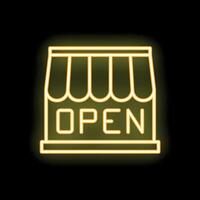 Glowing neon sign of a shop with open written on it vector