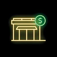 Glowing neon sign depicting bank building with dollar sign on black background vector