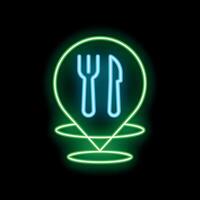 Neon location pin icon for restaurant, bar, bistro or cafe showing fork and knife vector