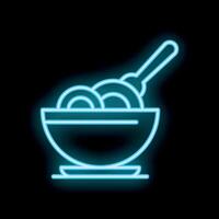 Blue neon sign of a bowl of noodles with a fork on black background vector