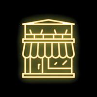 Neon yellow storefront with awning glowing on black background vector