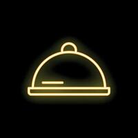 Yellow neon sign of a serving tray with a lid on a black background vector