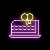 Purple neon sign of cake with icing on black background vector