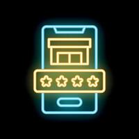Neon icon of smartphone showing online store review with five stars rating vector