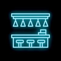 Neon bar counter with stools shining on black wall background vector