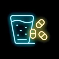 Neon icon of pills falling into glass of water representing taking medicine vector