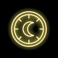 Neon yellow clock showing night time on black background vector