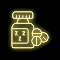 Neon glowing yellow icon of a bottle of sleeping pills with tablets vector