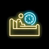Neon icon of person sleeping soundly in bed with clock showing time vector