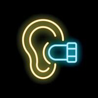 Neon icon of ear hearing aid device assisting with hearing loss vector