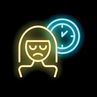 Sad woman icon with clock showing time neon style vector
