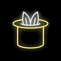 Neon sign representing a magic hat with bunny ears appearing from inside on black background vector