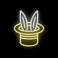 Neon sign of rabbit ears disappearing into a magician's hat on black background vector