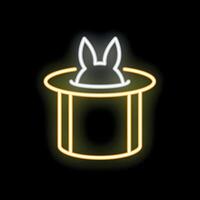 Magic show with rabbit appearing from hat neon sign on black background vector