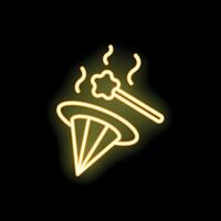 Magic wand casting spell over wizard hat neon sign on black background vector
