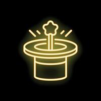 Magic hat with magic wand appearing from it in neon style vector