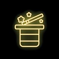 Magic wand appearing from magician hat neon sign vector