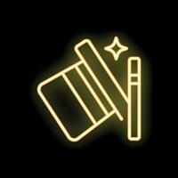 Neon sign representing a magic wand conjuring a magic top hat on black background vector