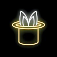 Glowing neon sign of rabbit ears disappearing into a top hat on black background vector