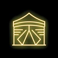Neon yellow icon of a large event tent glowing on black background vector