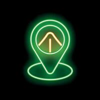 Glowing neon green location pin icon showing camping tent symbol on black background vector