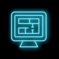 Neon icon of computer displaying architectural plans vector