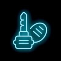 Neon key and key fob glowing on black background vector