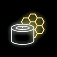 Neon icon of a burning soy candle with honeycomb representing aromatherapy and relaxation vector