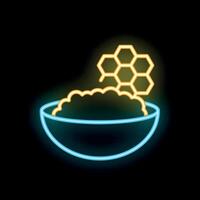 Neon icon of a bowl being filled with honey from honeycombs vector