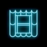 Neon icon of a market stall with canopy awning glowing blue on black background vector