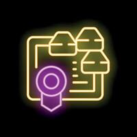 Neon icon of a certified shipping service with boxes and a quality badge vector