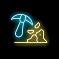 Neon mining pickaxe striking rock gathering resources icon vector