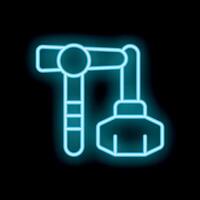 Neon industrial robotic arm lifting heavy object icon illustration on black background vector