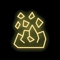 Yellow neon sign depicting exploding rocks on black background vector