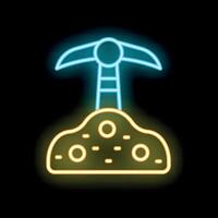 Glowing neon line mining concept with pickaxe and stones on black background illustration in style vector
