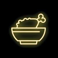 Neon sign of chicken leg and rice in bowl glowing on black background vector