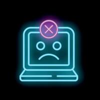 Neon laptop showing error message with sad face on screen vector