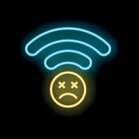 Neon wifi signal losing connection showing sad emoticon face vector