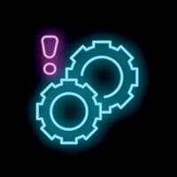 Neon style icon showing gears with exclamation point for error vector