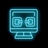 Neon icon of a desktop computer showing linked data blocks vector